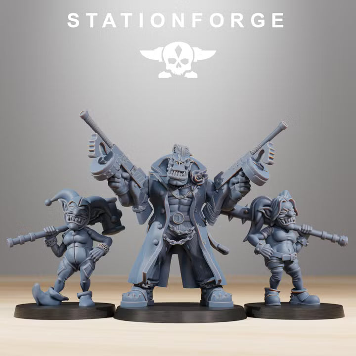 Orkaz Mobsta three-model sci-fi boss and companions set by Station Forge