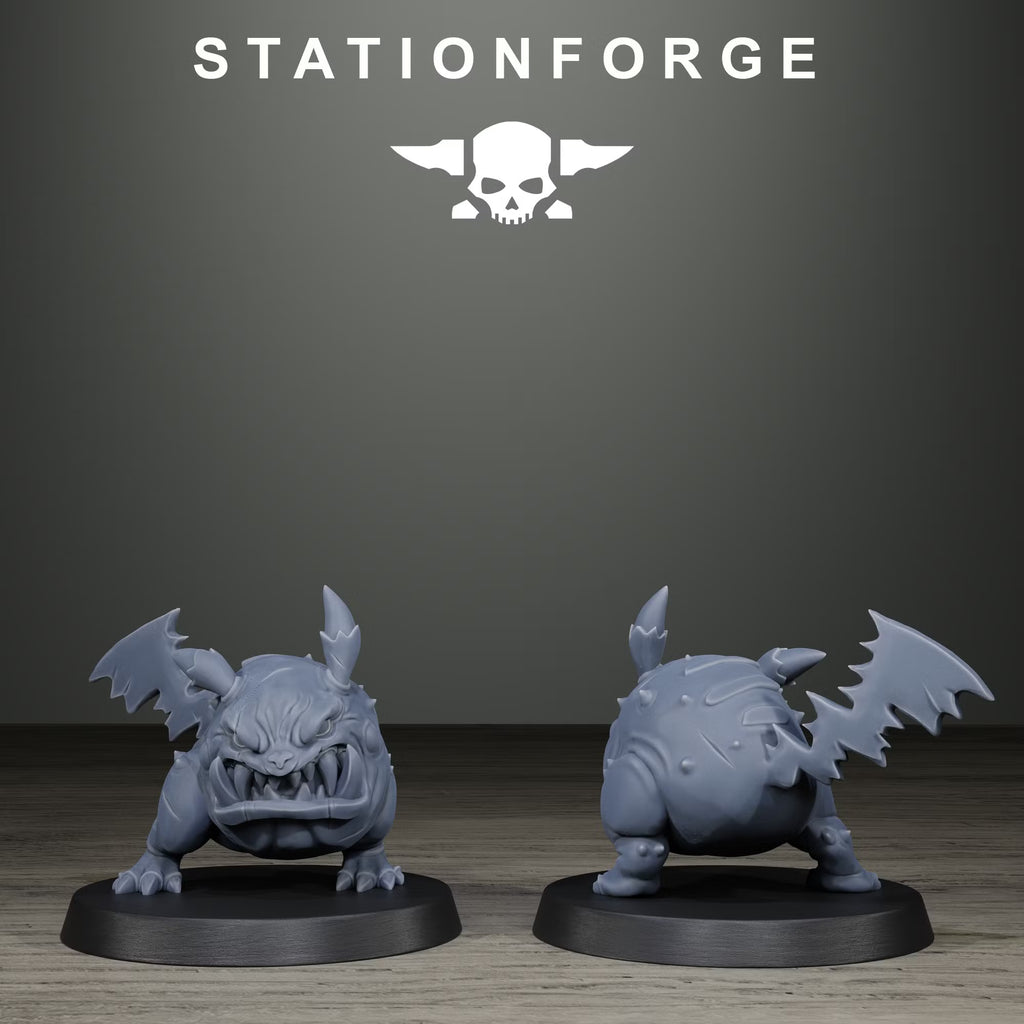 Orkaz Monsters round winged beast by Station Forge, shown from front and rear