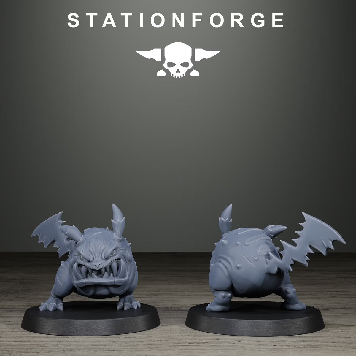Orkaz Monsters round winged beast by Station Forge, shown from front and rear