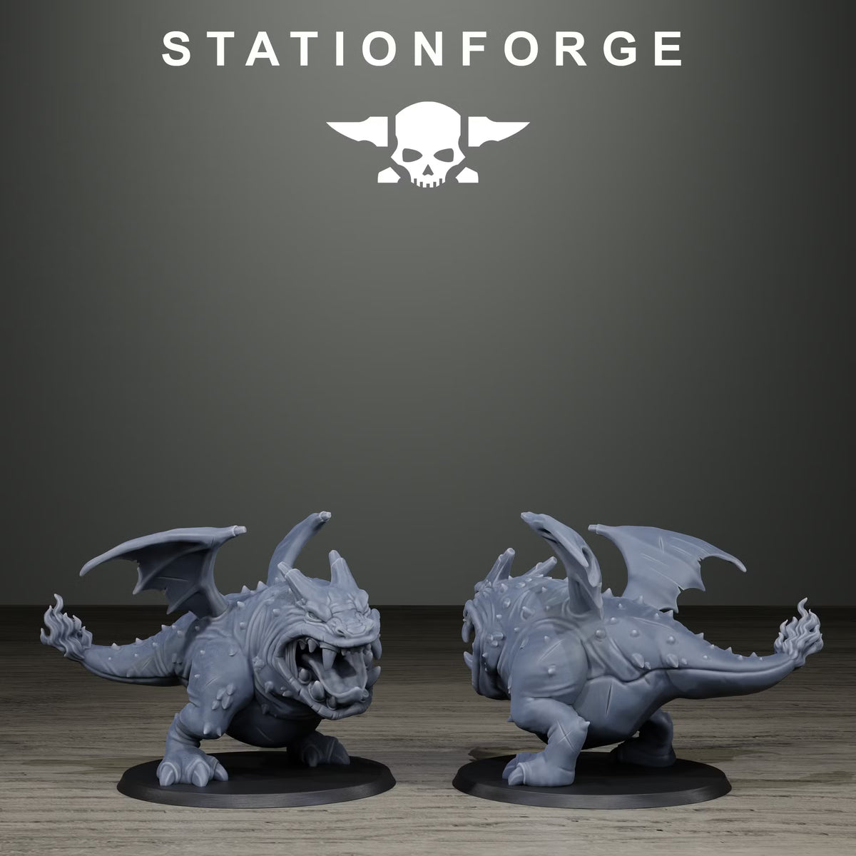 Orkaz Monsters winged reptilian beast by Station Forge, shown from front and rear