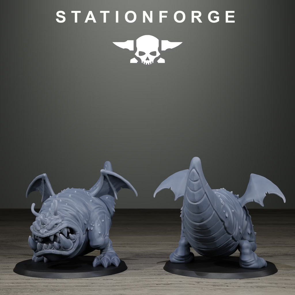 Orkaz Monsters winged armored creature by Station Forge, shown from front and rear