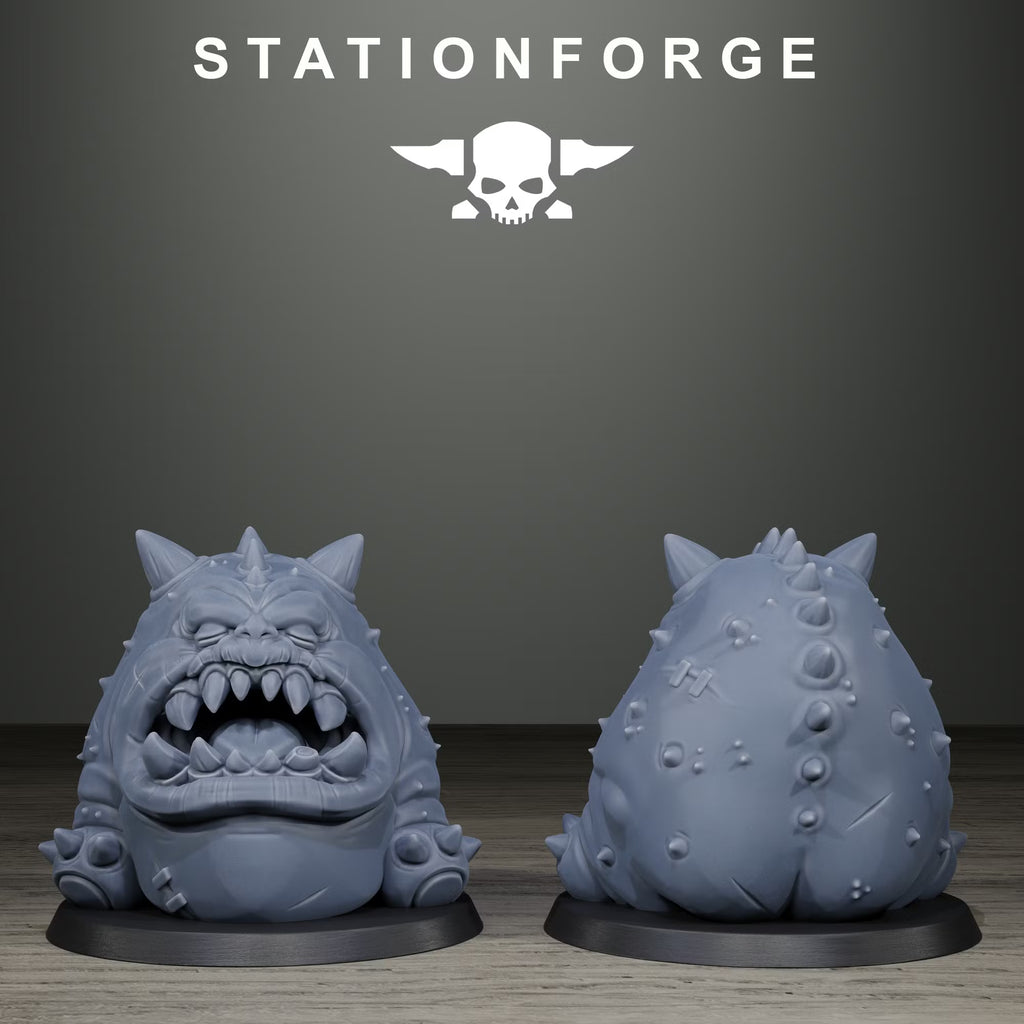 Orkaz Monsters round toothy beast by Station Forge, shown from front and rear