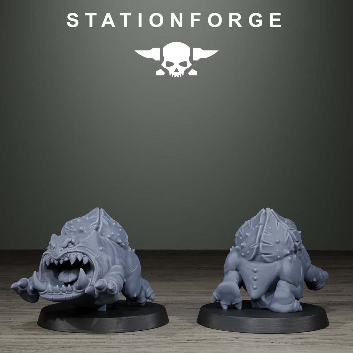 Orkaz Monsters squat armored beast by Station Forge, shown from front and rear