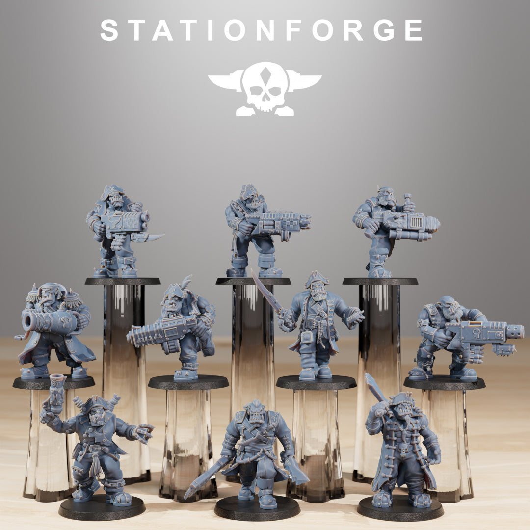 Orkaz Pirates squad by Station Forge, showing 10 sci-fi resin pirate miniatures with heavy weapons, blades, pirate coats, armor, and raider crew styling.