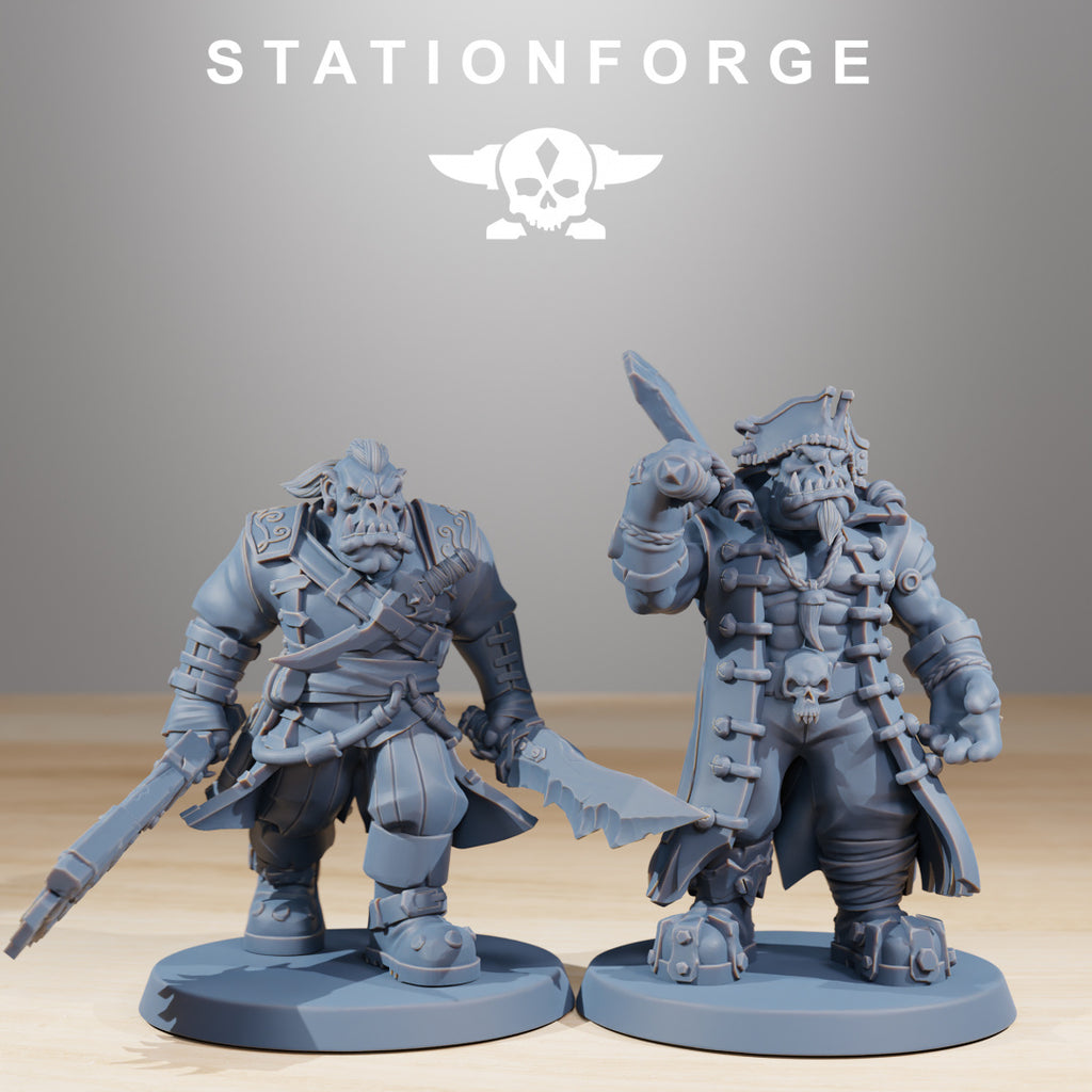 Orkaz Pirates models 3 and 4 by Station Forge, showing two sci-fi pirate miniatures with large melee weapons, pistol gear, command details, and pirate captain styling.