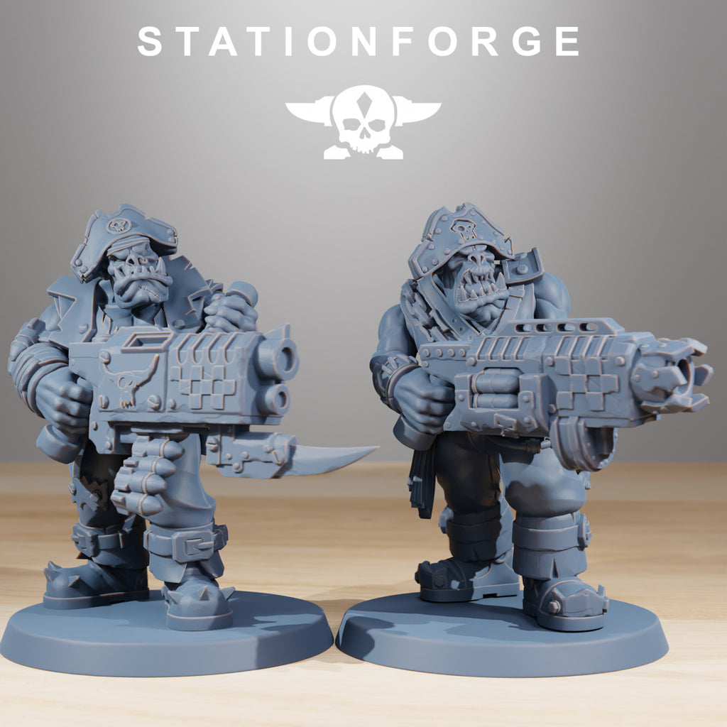 Orkaz Pirates models 5 and 6 by Station Forge, showing two sci-fi pirate miniatures with large guns, pirate hats, heavy gear, and characterful crew details.