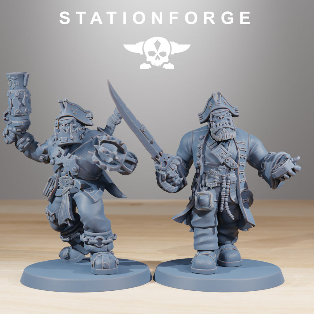 Orkaz Pirates models 7 and 8 by Station Forge, showing two sci-fi pirate miniatures with large melee weapons, pistol gear, command details, and pirate captain styling.