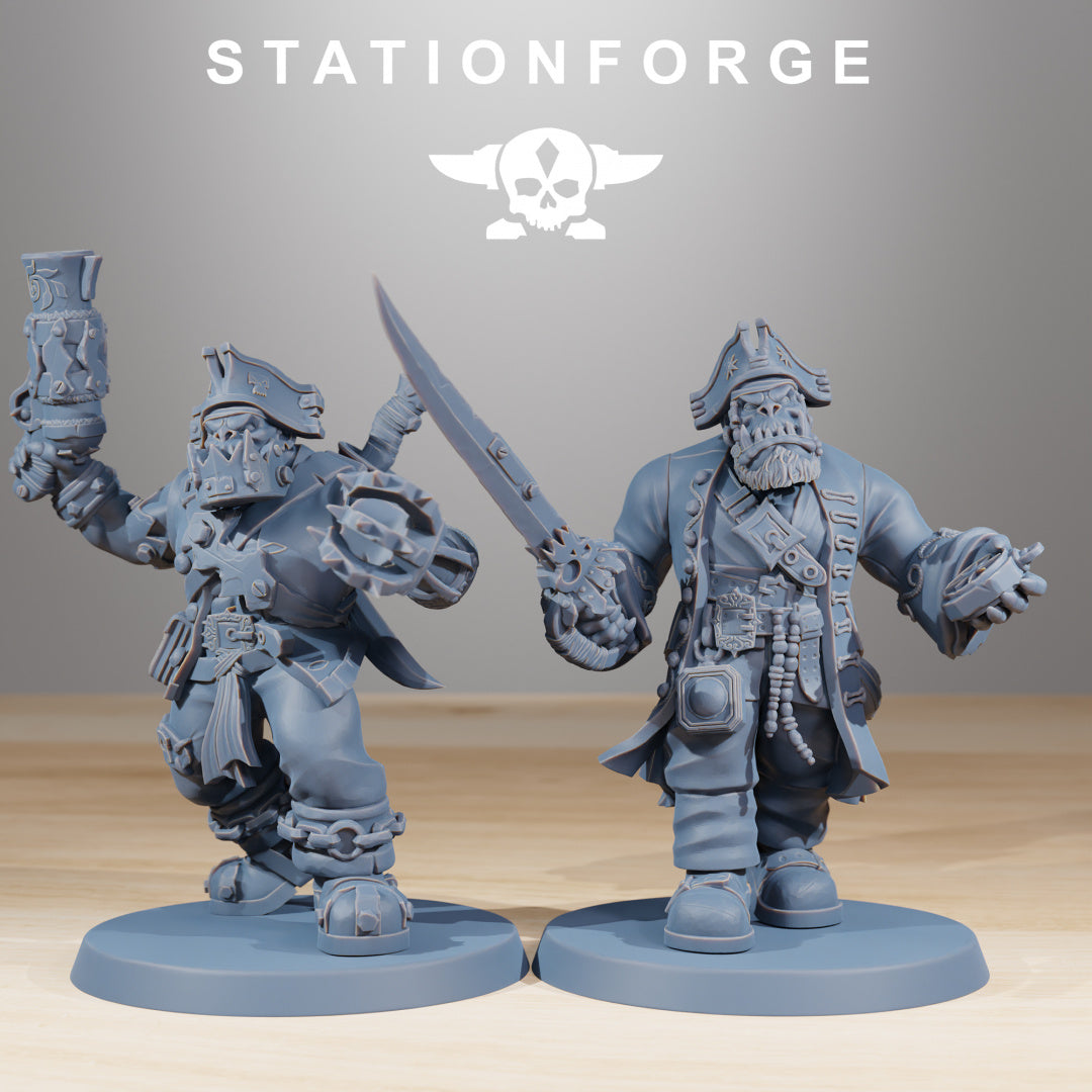 Orkaz Pirates models 7 and 8 by Station Forge, showing two sci-fi pirate miniatures with large melee weapons, pistol gear, command details, and pirate captain styling.