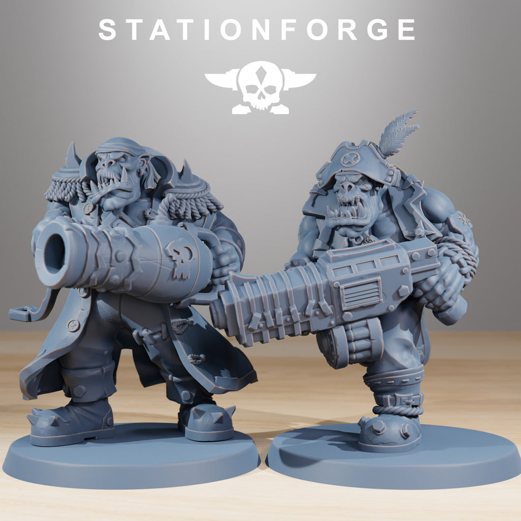 Orkaz Pirates models 9 and 10 by Station Forge, showing two sci-fi pirate miniatures with large guns, pirate hats, heavy gear, and characterful crew details.