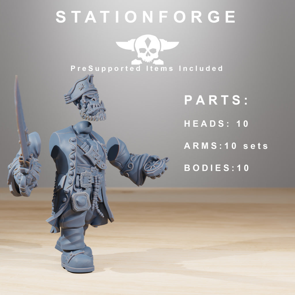 Orkaz Pirates modular parts by Station Forge, showing resin sci-fi pirate heads, bodies, arms, weapons, and build options for a 10-model squad.