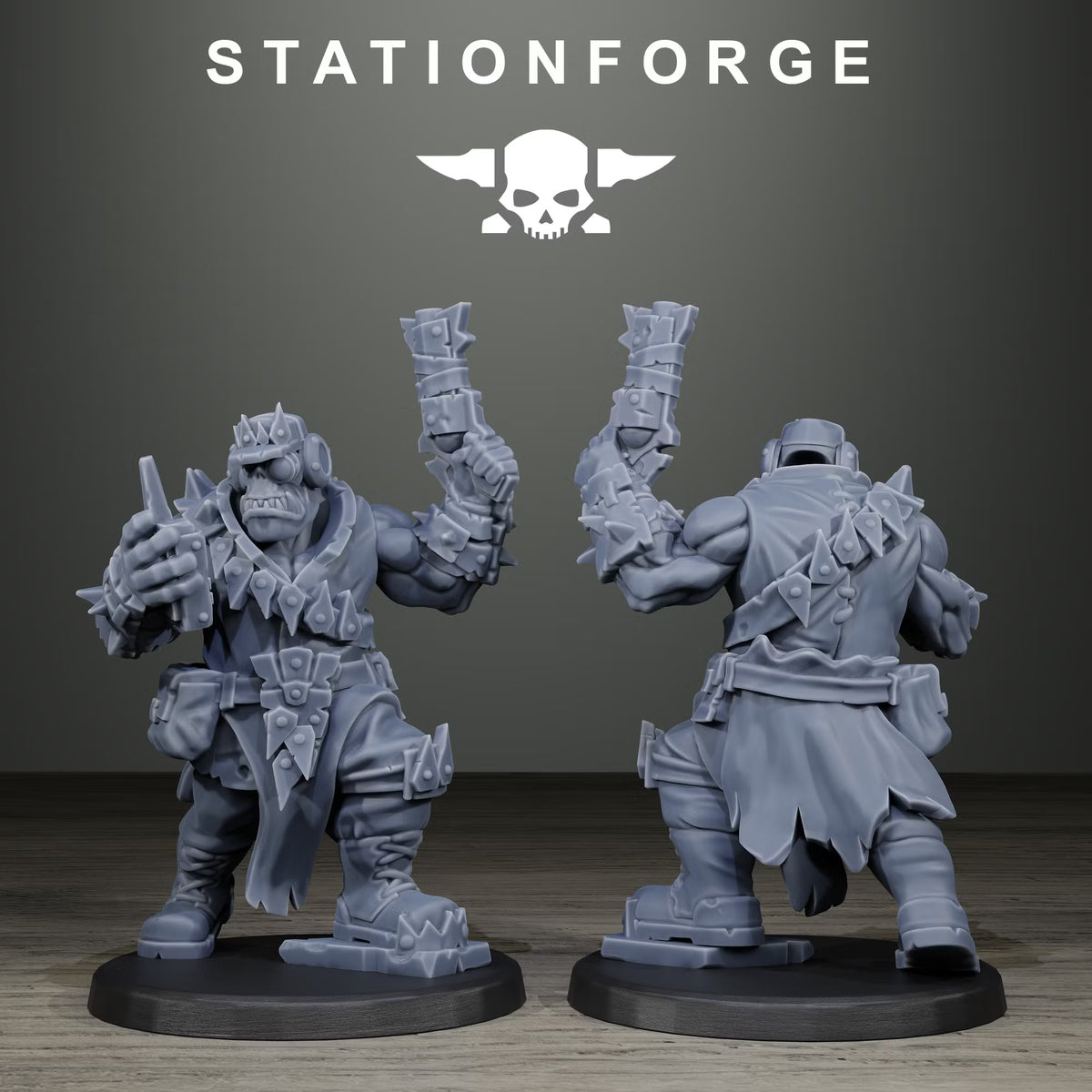 Orkaz Scrappers modular squad miniature close-up, holding a pistol and walkie talkie