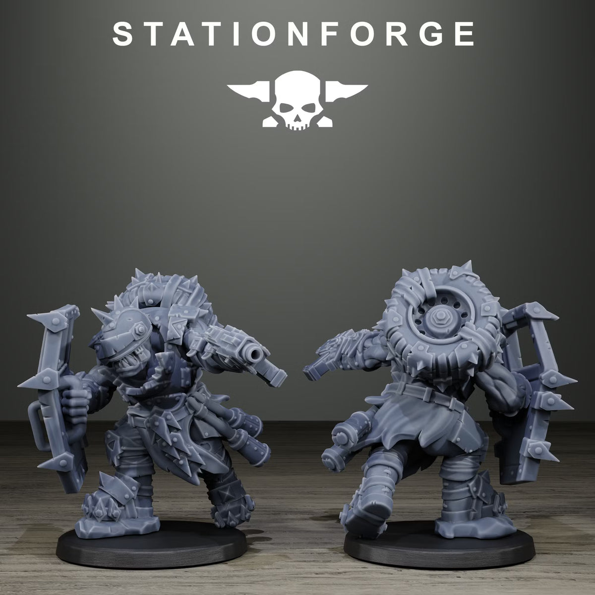 Orkaz Scrappers modular squad miniature close-up, with a shield and pistol and a tire strapped to his back