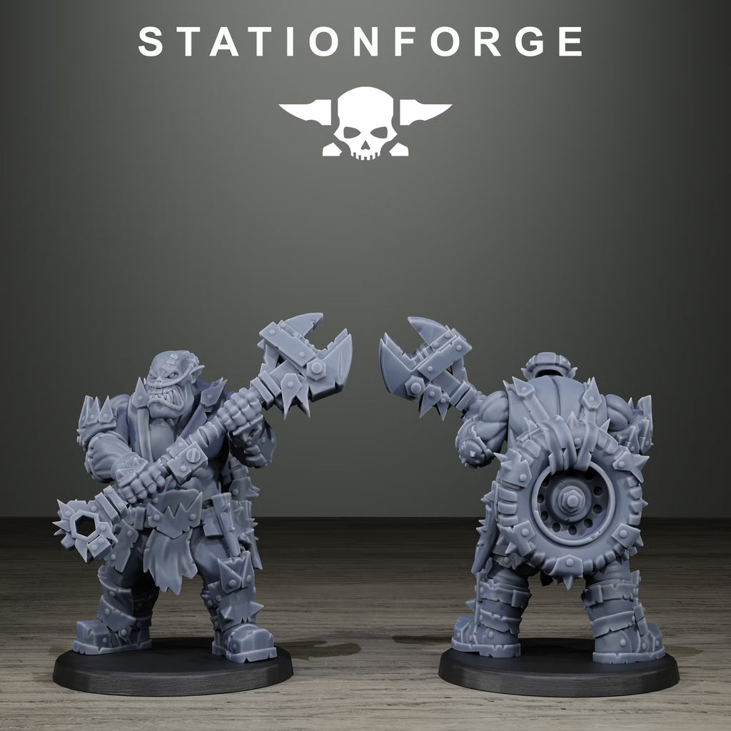 Orkaz Scrappers modular squad miniature close-up, model holding an oversized wrench with a tire strapped to his back