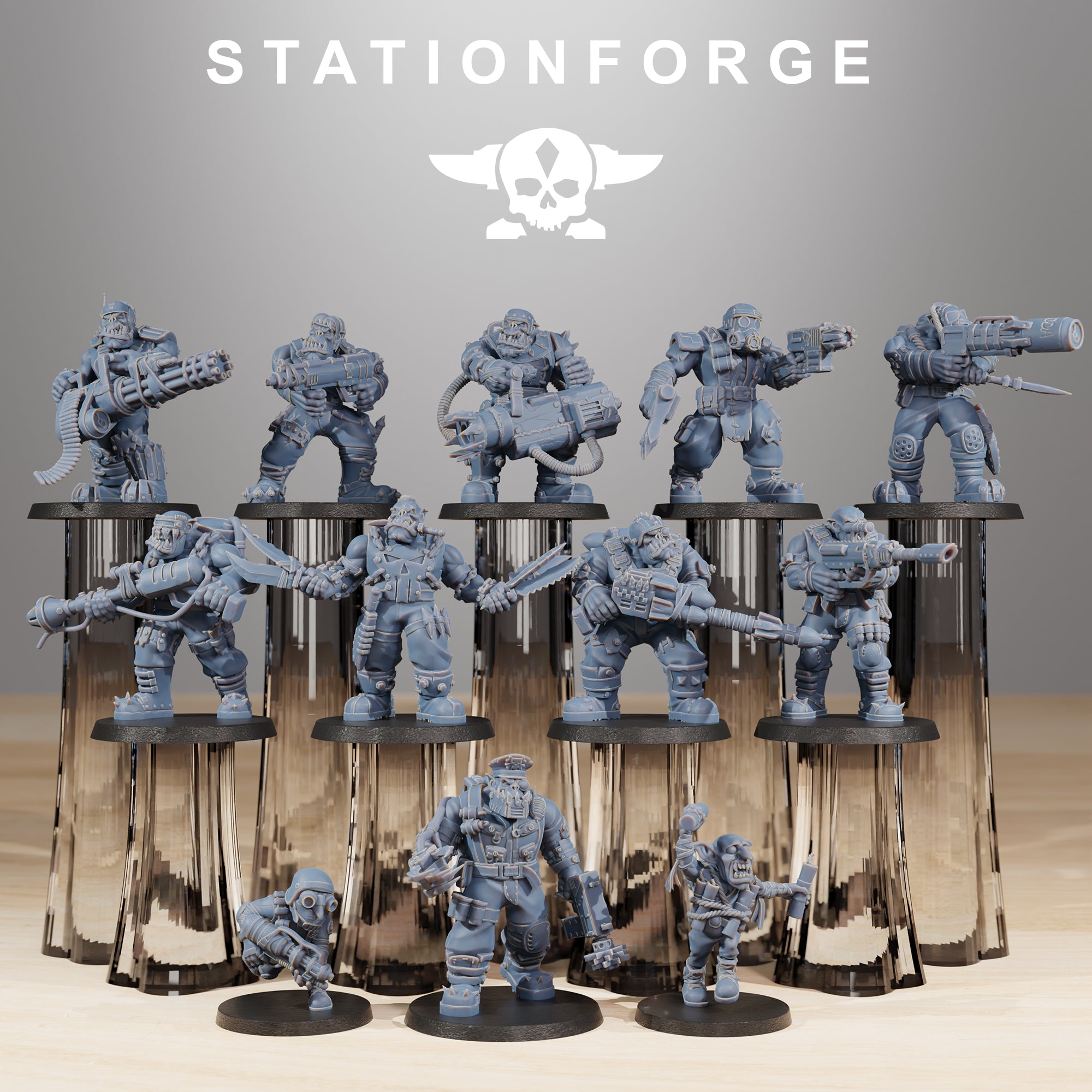 Full Orkaz Skillers squad by Station Forge showing 10 modular sci-fi miniatures plus 2 goblin helpers with heavy weapons and varied poses.