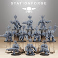 Orkaz SkullKrushers full squad by Station Forge, showing ten modular sci-fi Orkaz infantry miniatures with heavy armor, guns, axes, claws, and banner poles.