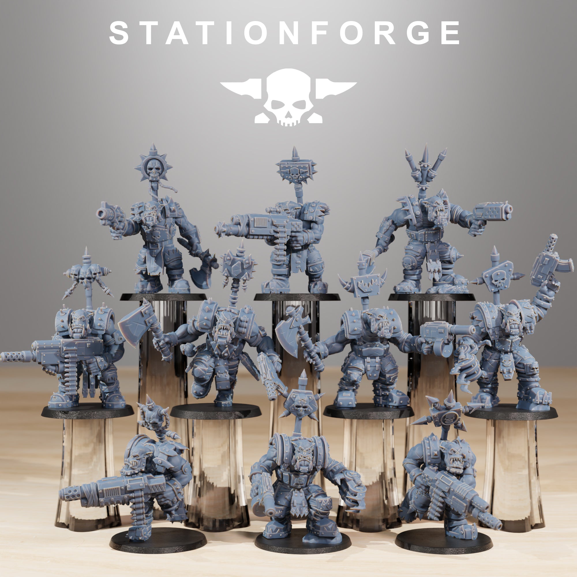 Orkaz SkullKrushers full squad by Station Forge, showing ten modular sci-fi Orkaz infantry miniatures with heavy armor, guns, axes, claws, and banner poles.