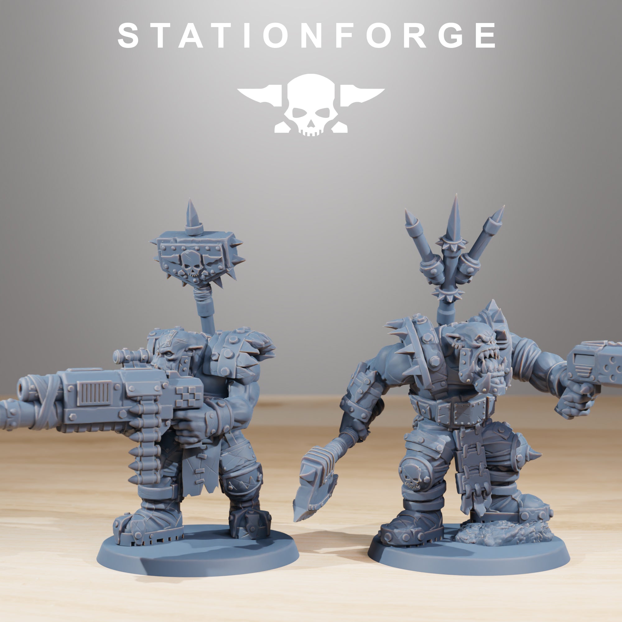 Two Orkaz SkullKrushers resin miniatures by Station Forge, showing a ranged Orkaz trooper and a melee-oriented Orkaz with axe and sidearm.