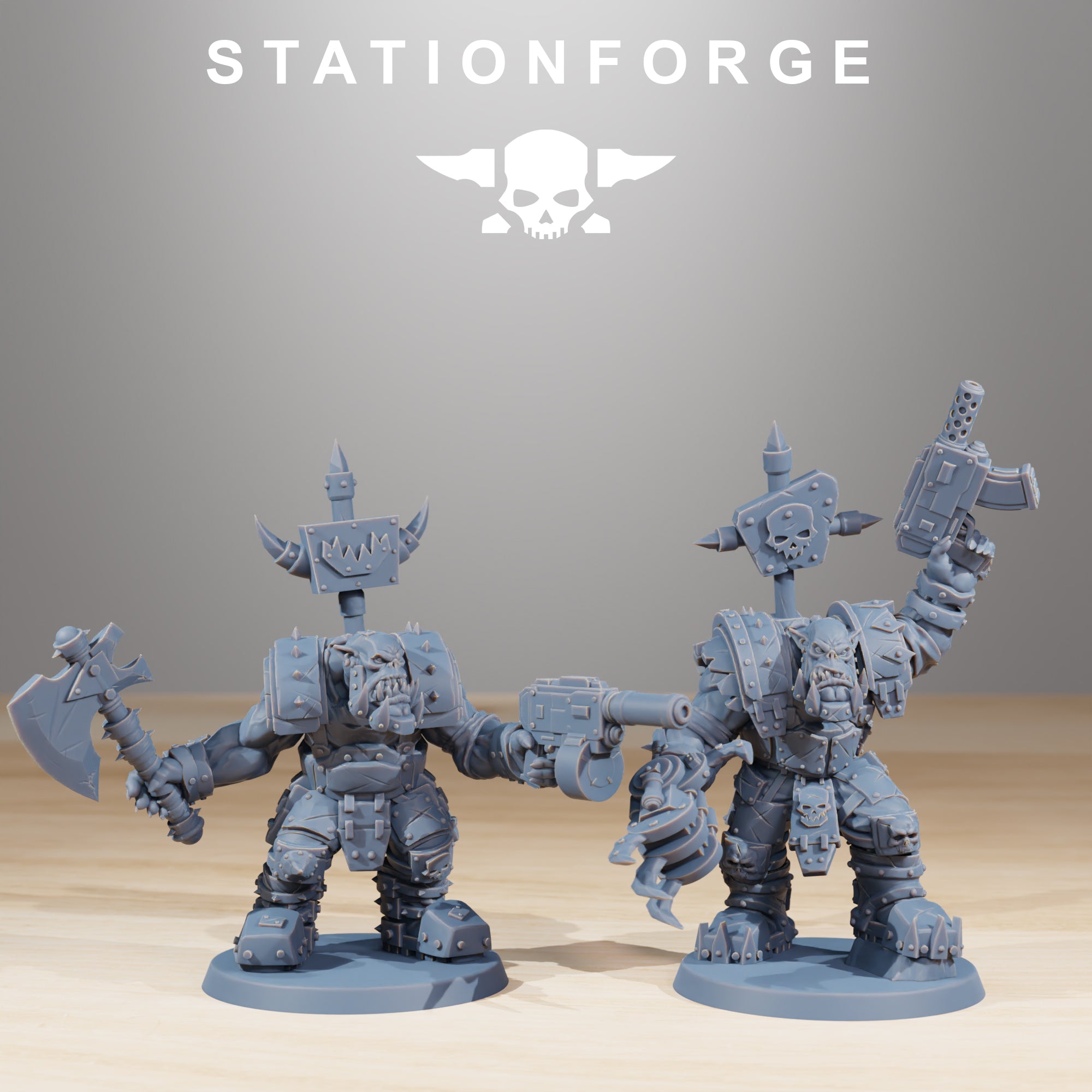 Two Orkaz SkullKrushers by Station Forge, showing armored Orkaz fighters with axe, pistol, claw weapon, and banner details