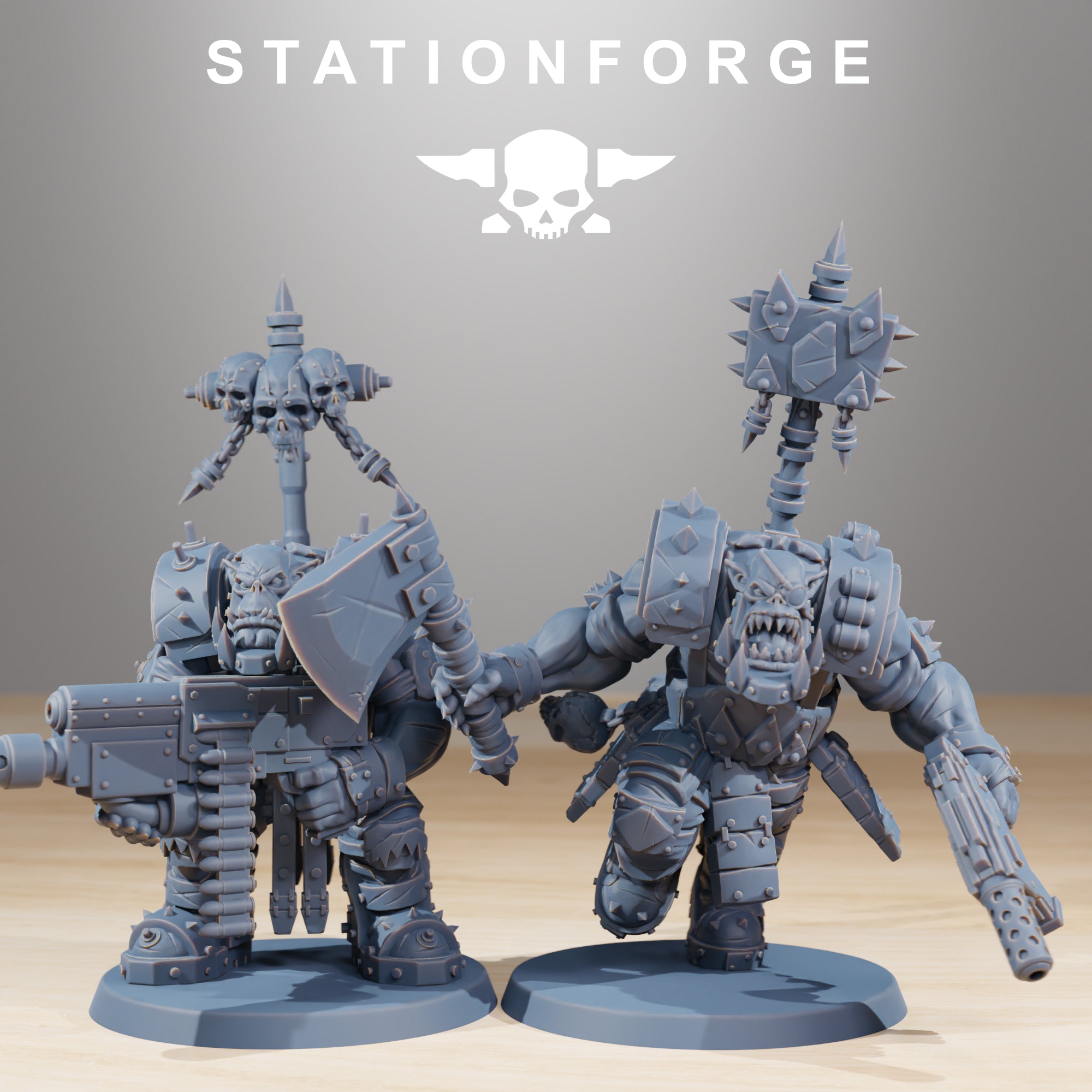 Two Orkaz SkullKrushers by Station Forge, showing a belt-fed heavy gunner and a charging Orkaz warrior with axe, pistol, and banner pole.