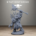 Orkaz Strangeboy by Station Forge, shown as a sci-fi orc character miniature with a raised axe, cybernetic claw, alternate heads, gear, and rocky scenic base.