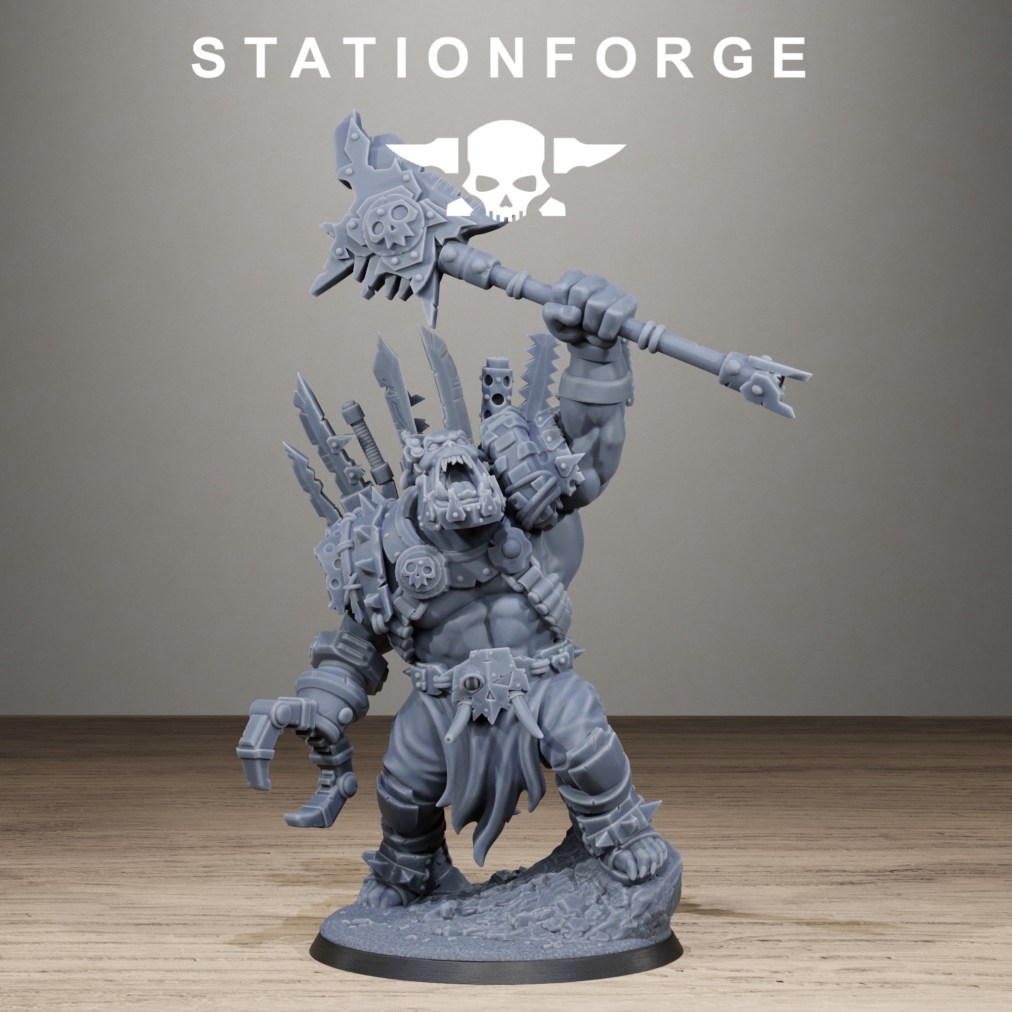 Orkaz Strangeboy by Station Forge, shown as a sci-fi orc character miniature with a raised axe, cybernetic claw, alternate heads, gear, and rocky scenic base.