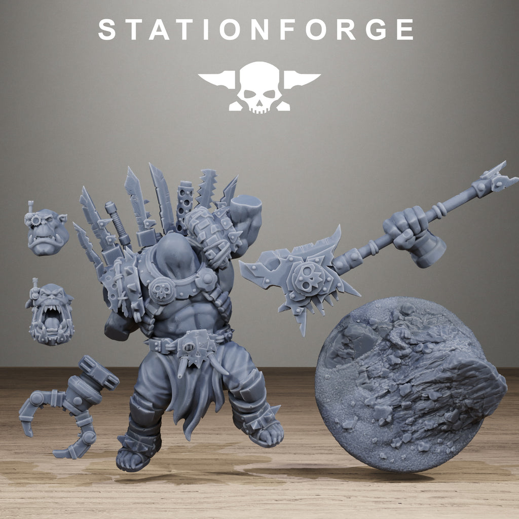 Orkaz Strangeboy modular parts by Station Forge, showing alternate heads, cybernetic claw arm, large axe weapon, body, and scenic base pieces.