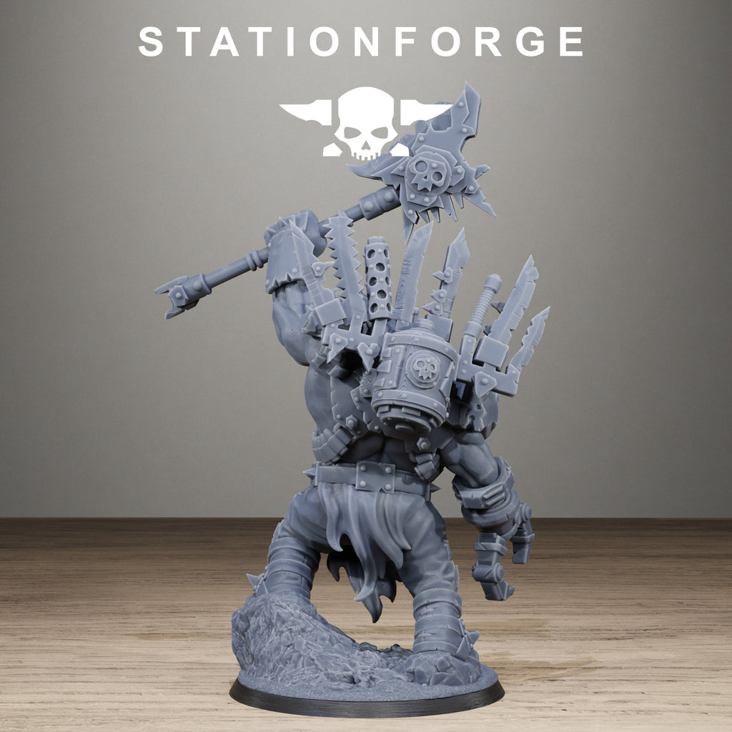 Rear view of Orkaz Strangeboy by Station Forge, showing strapped weapons, backpack details, cybernetic claw arm, and sci-fi orc armor sculpting.