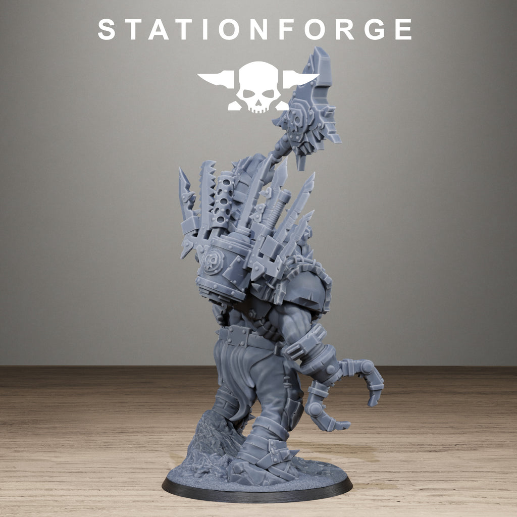 Alternate side view of Orkaz Strangeboy by Station Forge, showing the large axe, mechanical claw, rugged armor details, and dramatic character pose.
