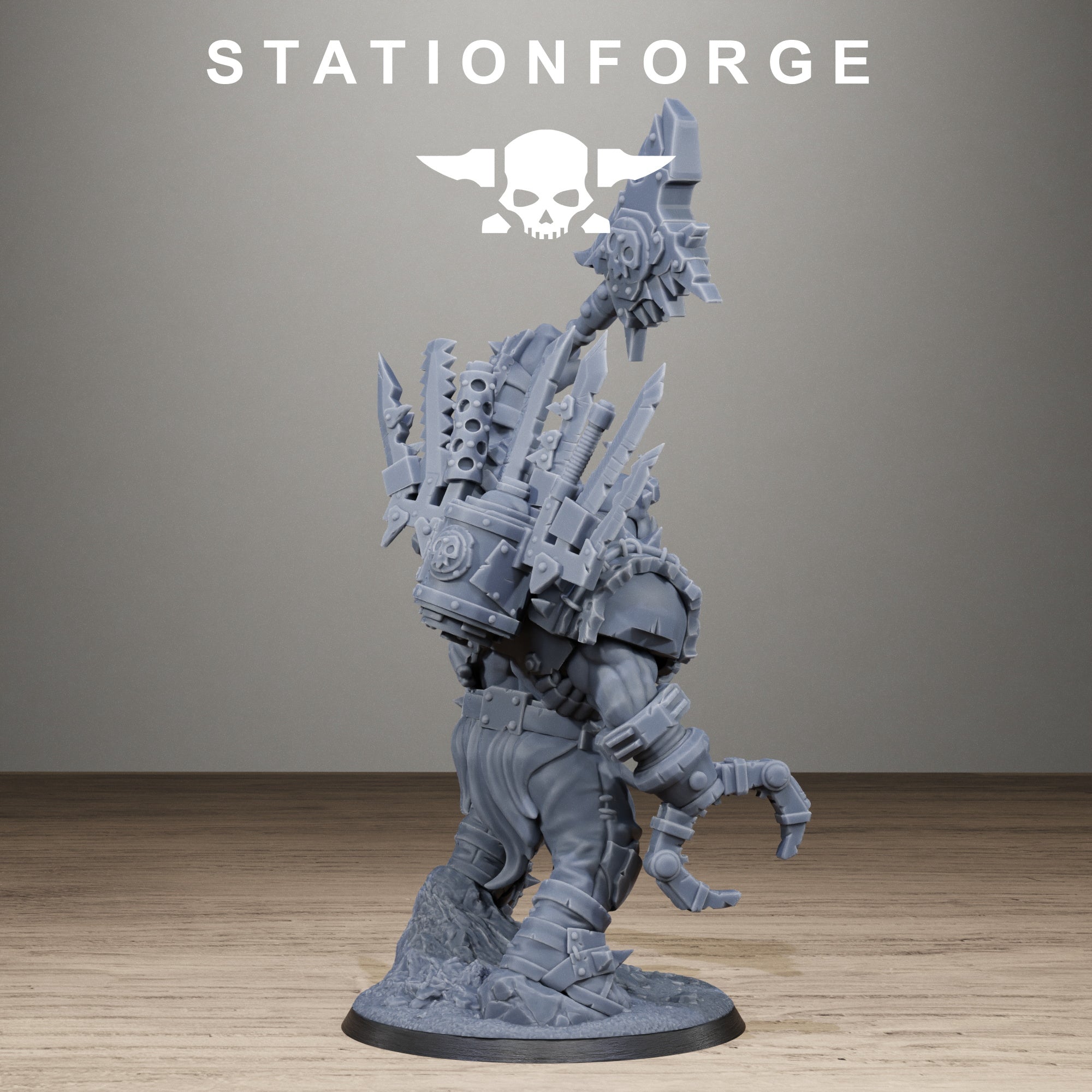 Alternate side view of Orkaz Strangeboy by Station Forge, showing the large axe, mechanical claw, rugged armor details, and dramatic character pose.