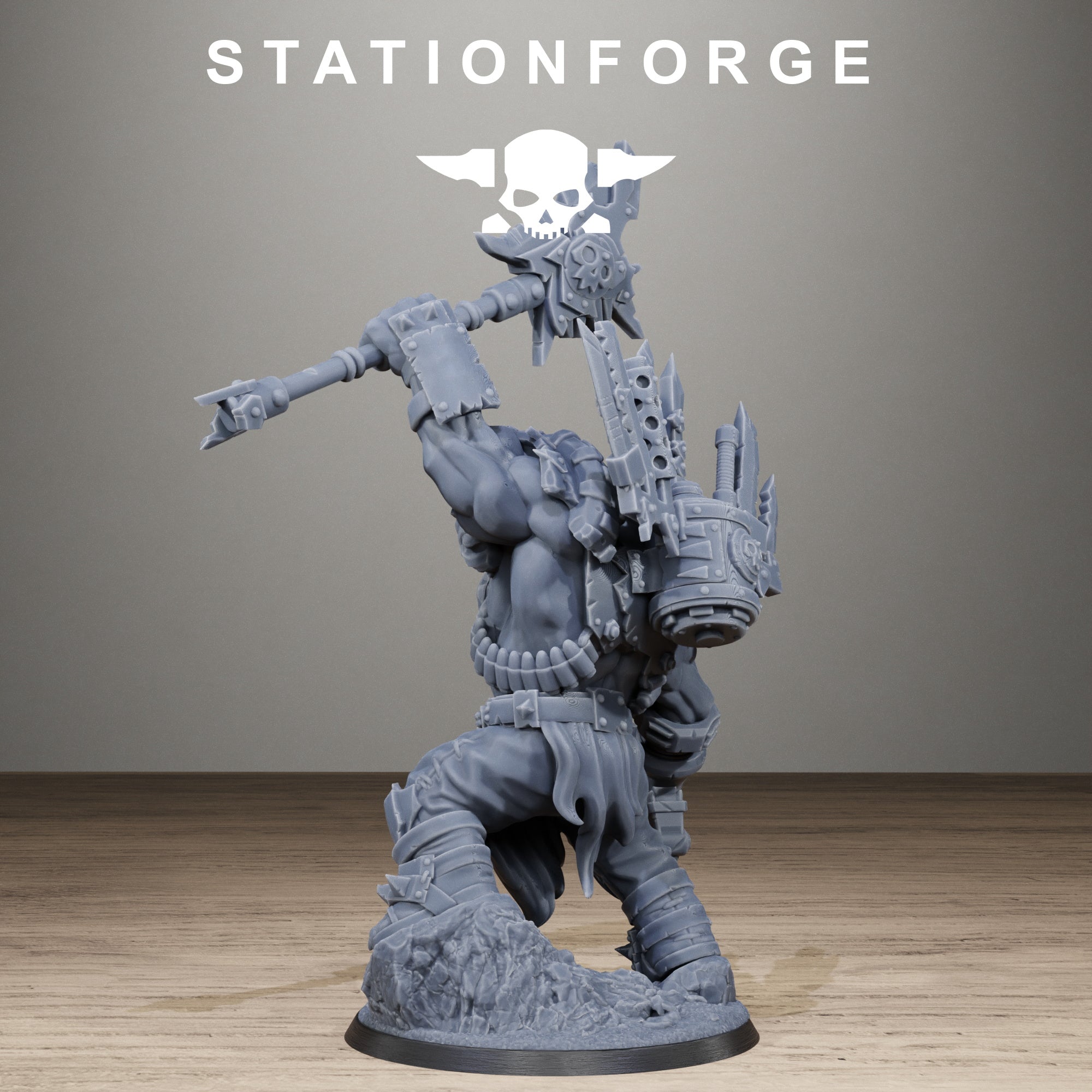Side view of Orkaz Strangeboy miniature by Station Forge with massive raised axe, blade-covered gear, muscular sculpting, and scenic rock base.