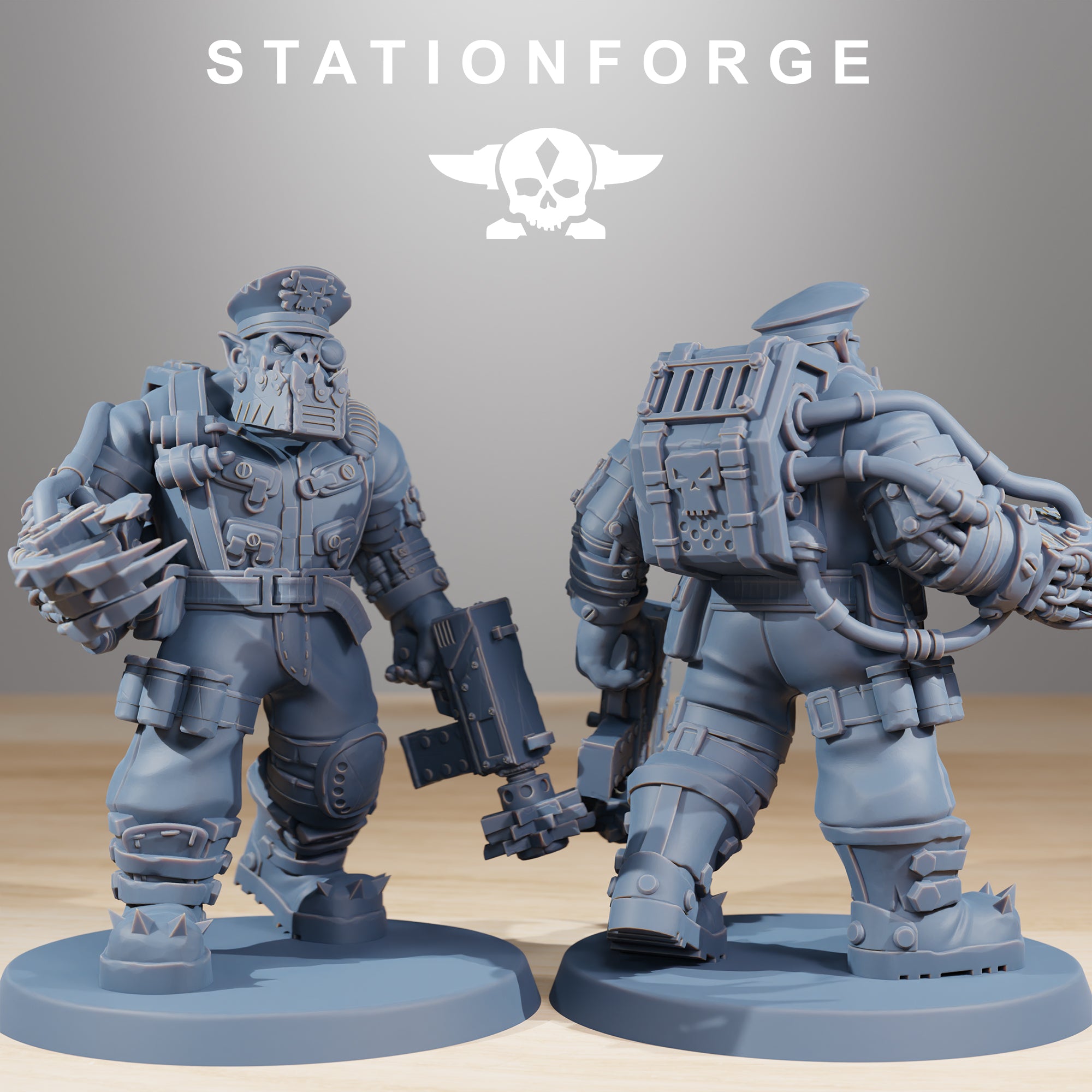 Two Orkaz Skillers miniatures by Station Forge shown from front and back, highlighting armor, gear packs, cables, and brutal weapon detail.