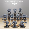 Full Orkaz Strappaz squad by Station Forge showing 10 modular sci-fi greenskin miniatures with heavy weapons, axes, armor, and varied poses.