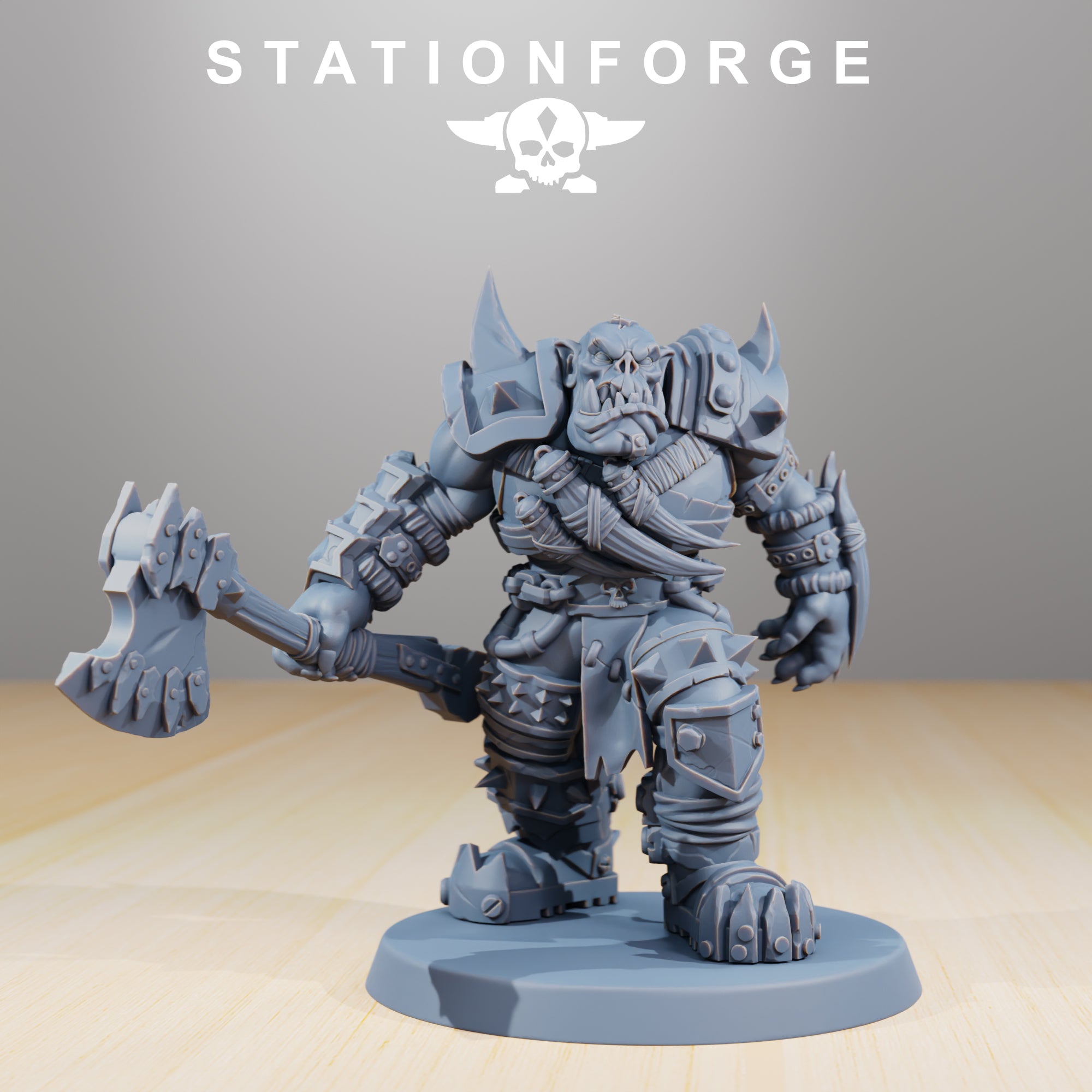 Single Orkaz Strappaz miniature by Station Forge holding a large axe, featuring spiked armor, heavy boots, and brutal sci-fi greenskin styling.