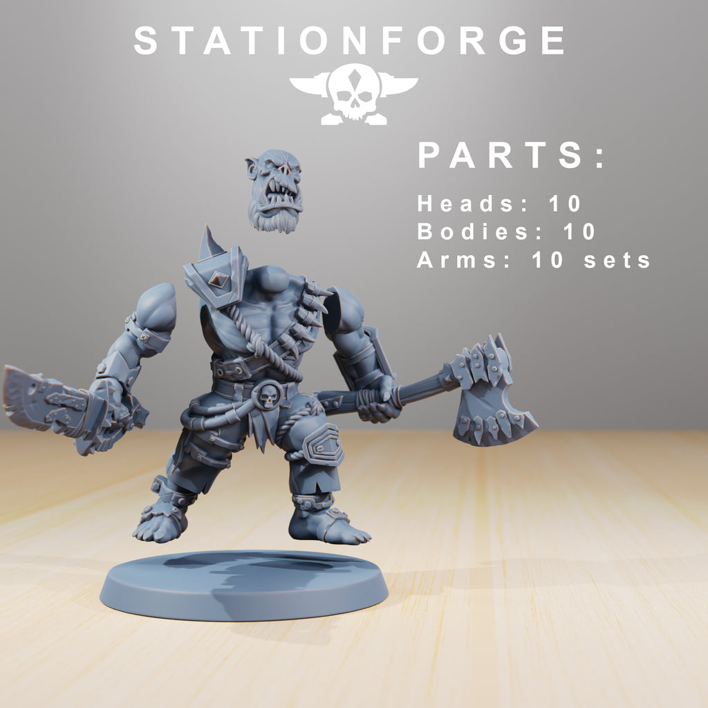 Modular Orkaz Strappaz parts by Station Forge showing 10 heads, 10 bodies, and 10 arm sets for a customizable sci-fi greenskin squad.