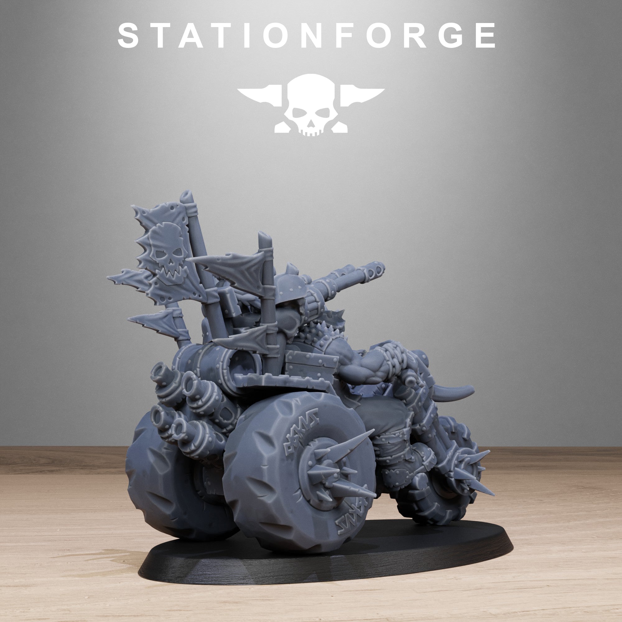 Rear view of an Orkaz Biker by Station Forge, showing exhaust pipes, bike armor, rider pose, rear wheel detail, and mounted weapon parts.