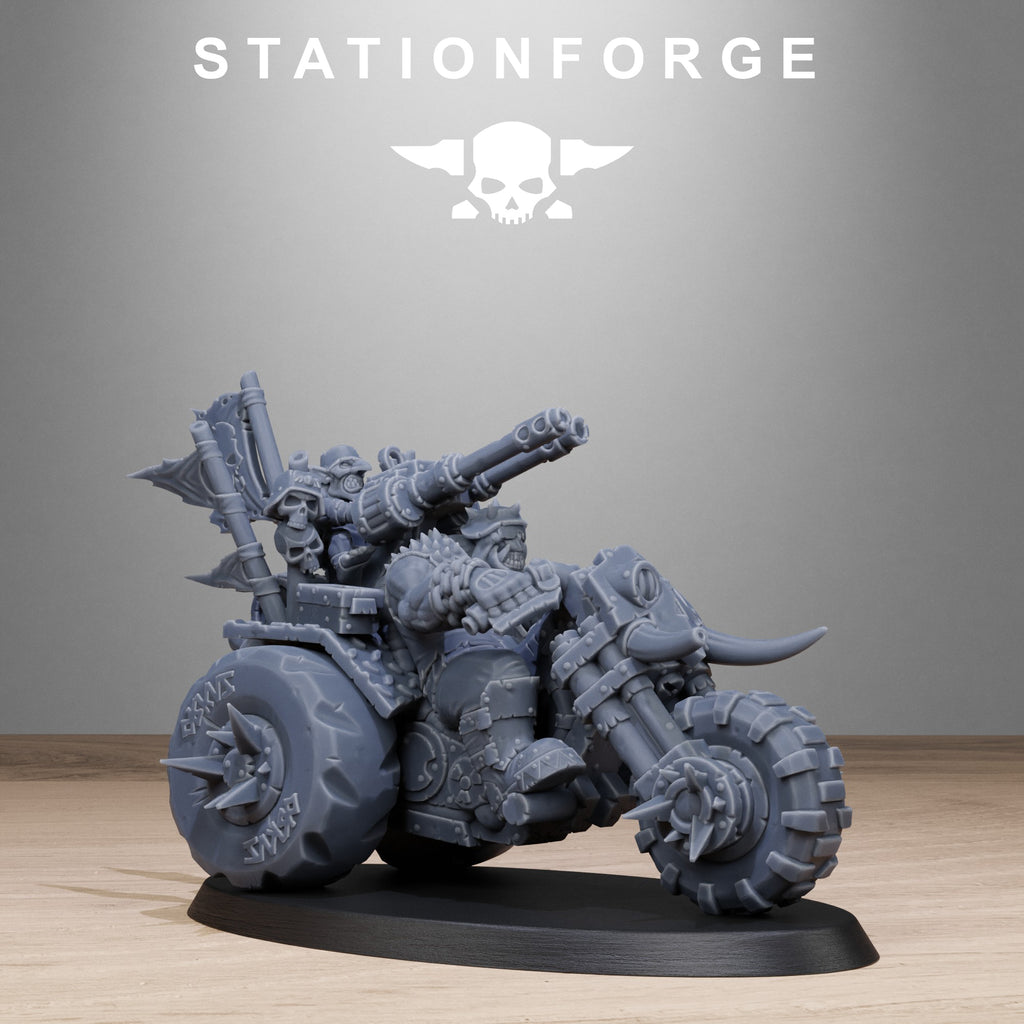 Orkaz Biker miniature by Station Forge, shown as a sci-fi rider on a heavily armored bike with large weapon, spiked wheels, and scrap-tech details.