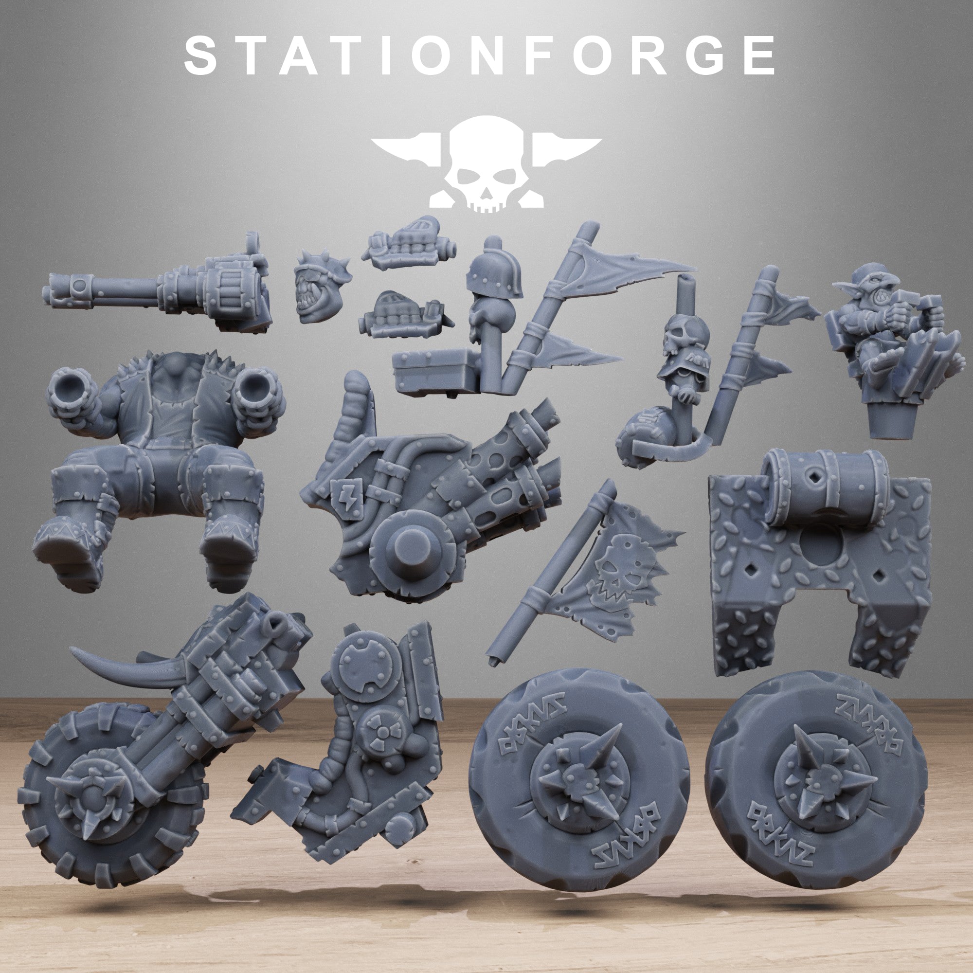 Orkaz Biker modular parts by Station Forge, showing resin bike components, rider body, weapon parts, wheels, banners, and build pieces.