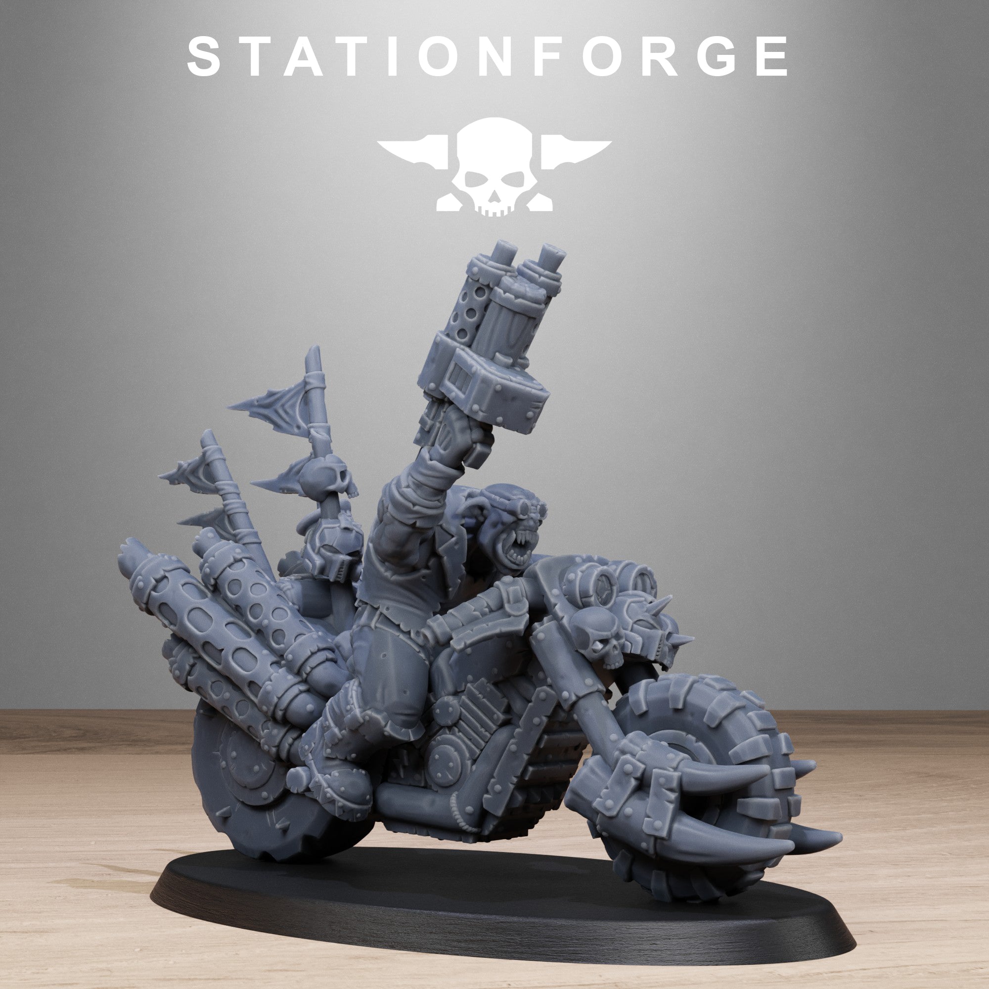Orkaz Biker miniature by Station Forge, shown riding a chunky sci-fi bike with oversized front tire, mounted weapons, exhausts, and raider details.