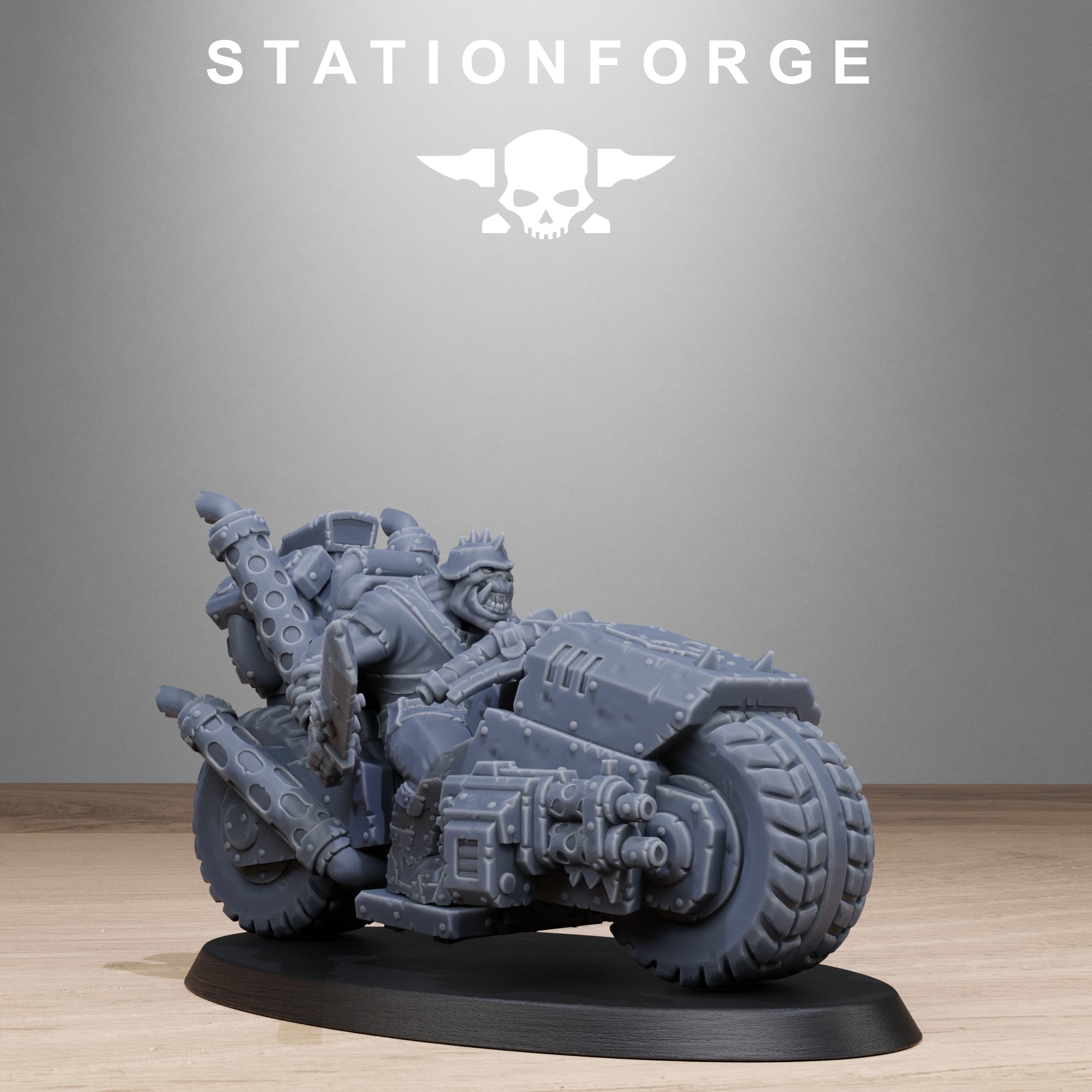 Orkaz Biker miniature by Station Forge, shown on a heavy sci-fi bike with side-mounted weapon, spiked wheel, rider pose, and scrap armor detail.