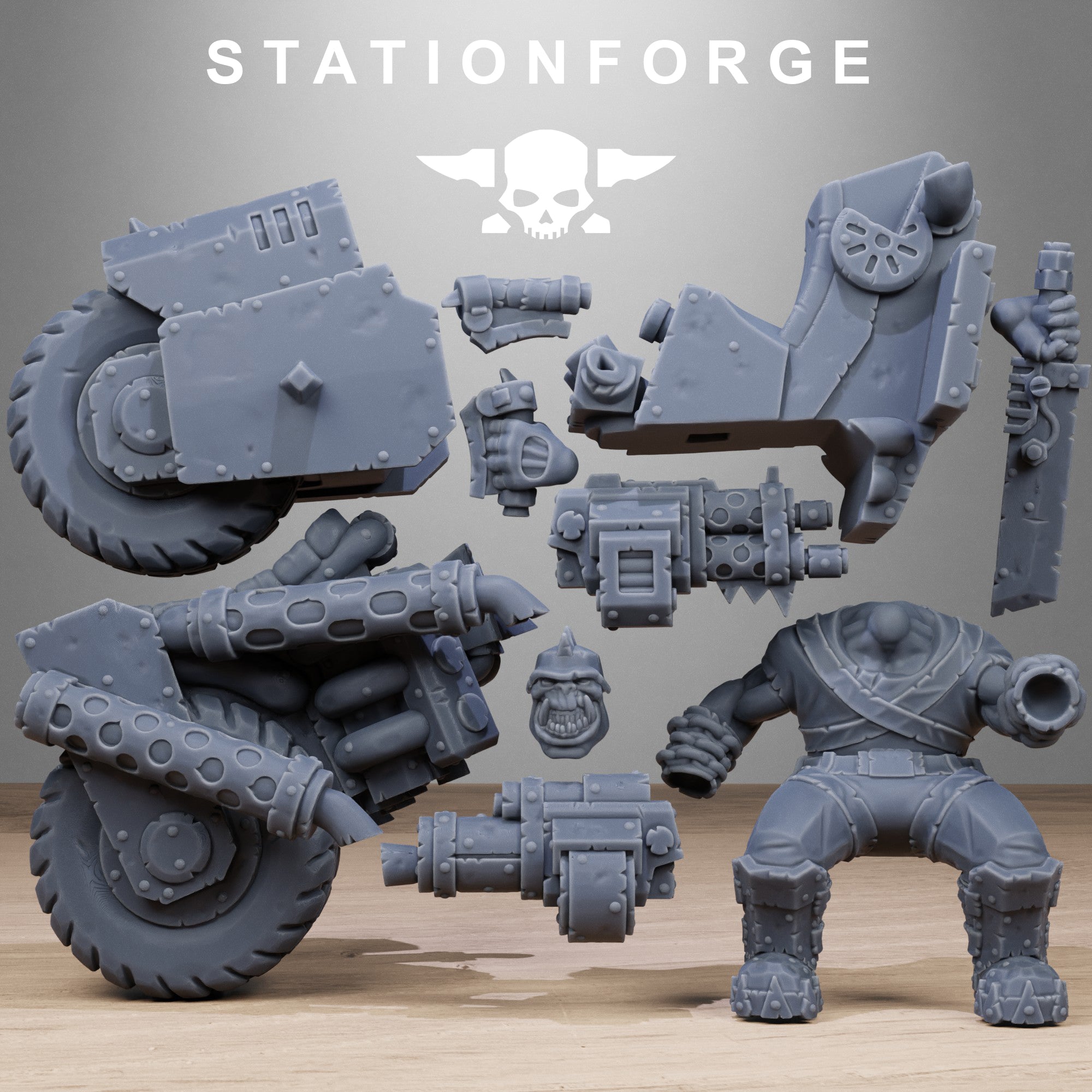 Orkaz Biker modular parts by Station Forge, showing resin vehicle pieces, rider parts, weapons, wheels, armor panels, and build options.