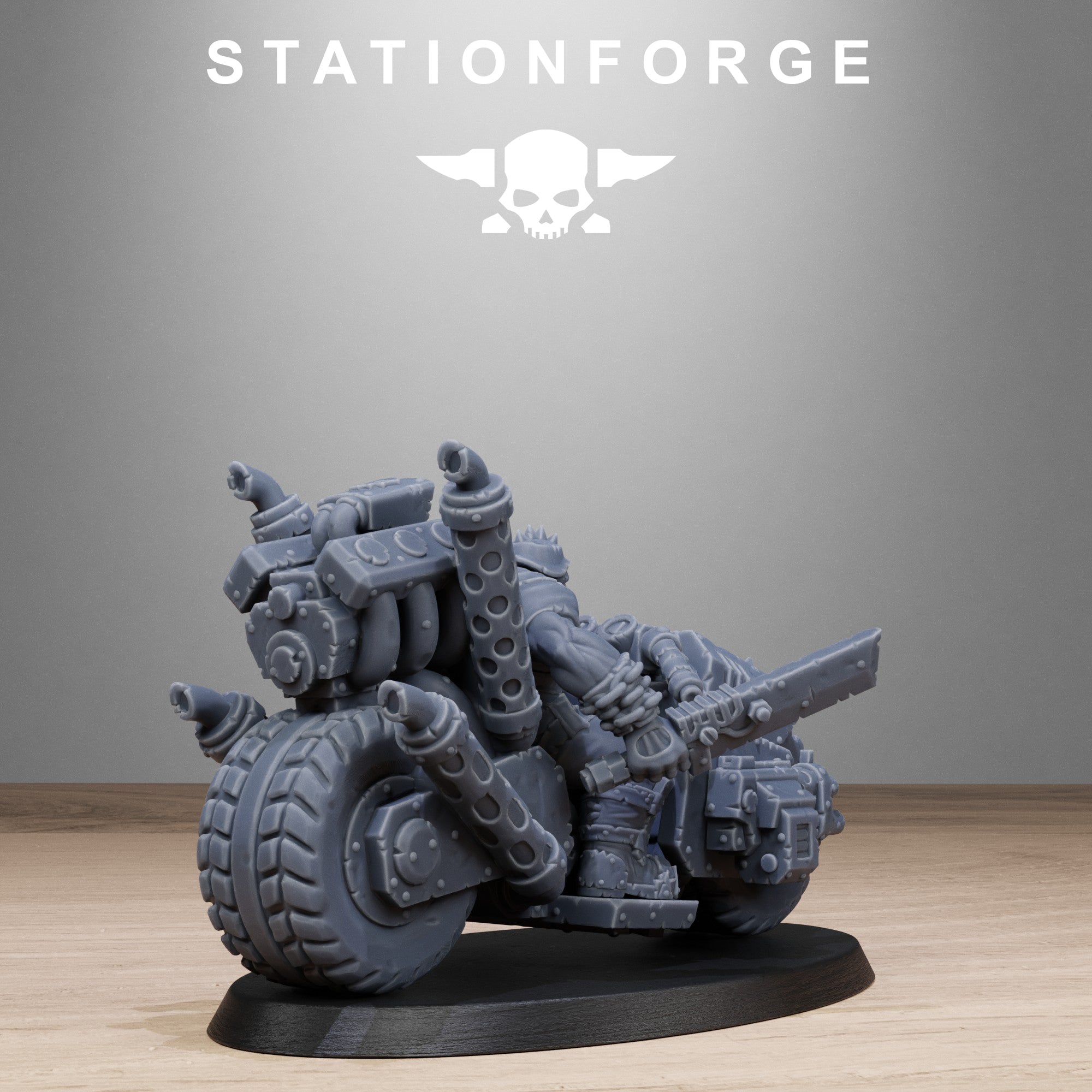 Rear view of an Orkaz Biker by Station Forge, showing rear bike armor, exhaust pipes, rider gear, weapon mounts, and vehicle sculpt detail.