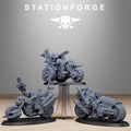 Orkaz Bikers squad by Station Forge, showing three sci-fi resin biker miniatures with armored bikes, oversized weapons, spiked wheels, banners, and raider styling.
