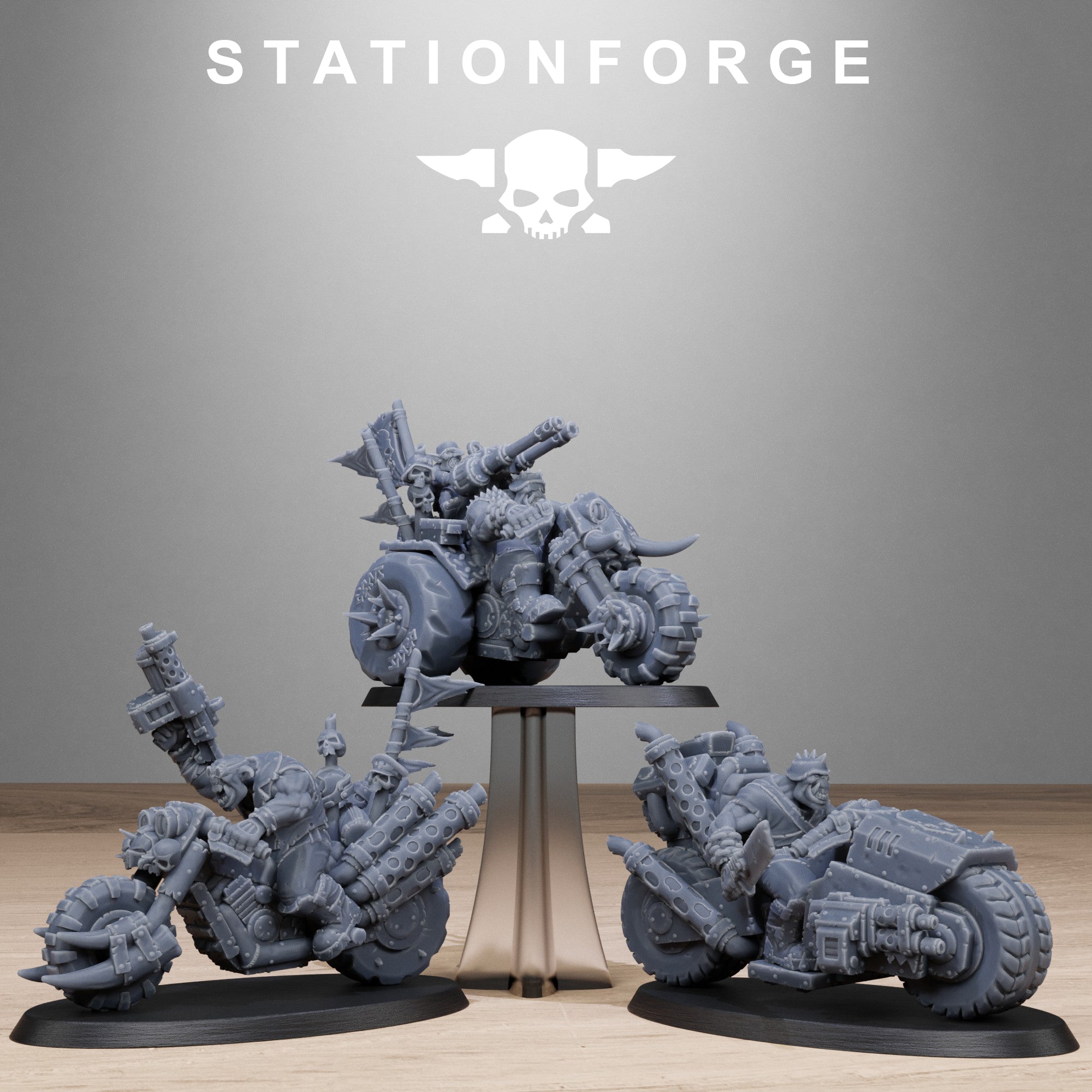 Orkaz Bikers squad by Station Forge, showing three sci-fi resin biker miniatures with armored bikes, oversized weapons, spiked wheels, banners, and raider styling.