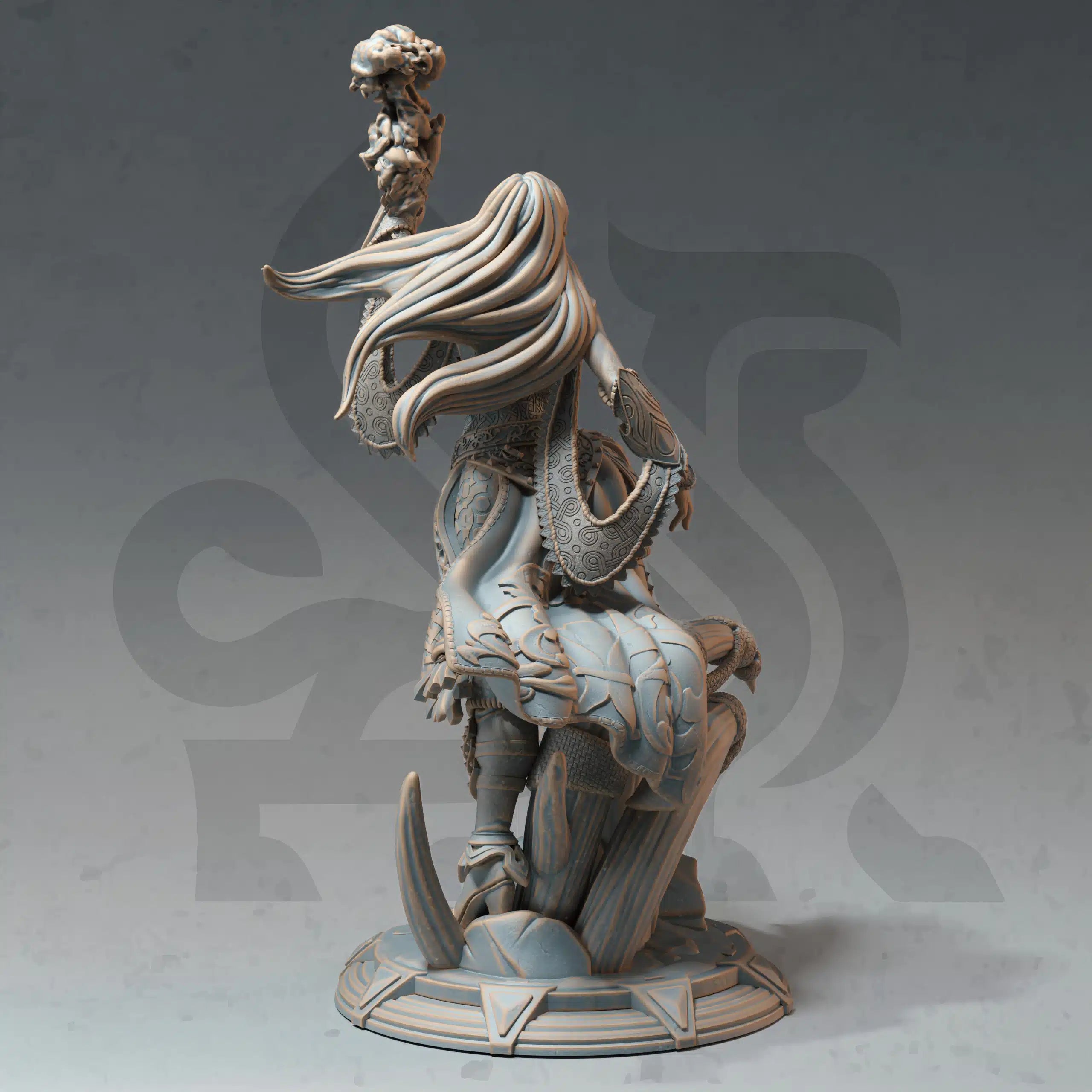 Rear view of Orstina of Havenmond Professor of Transference miniature, showing flowing hair, shield, armor details, and scenic base.