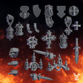 Pactum Aeternum Crusader decor bits by DakkaDakka, showing gothic sci-fi resin conversion parts with chains, crosses, candles, weapons, icons, shields, and relic details.