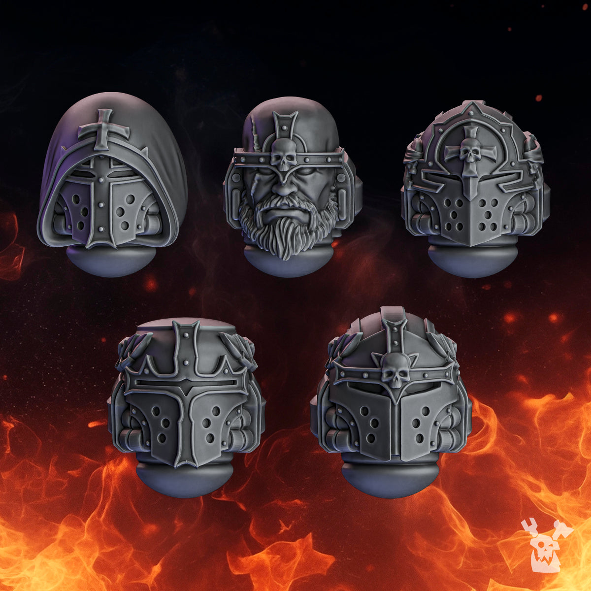 Pactum Aeternum Crusader head bits by DakkaDakka, showing five gothic sci-fi miniature head styles with hoods, helmets, skull details, and veteran face option.