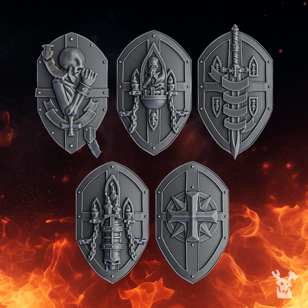 Pactum Aeternum Crusader shield bits by DakkaDakka, showing five gothic sci-fi resin shields with relics, chains, skulls, blades, and cross iconography.