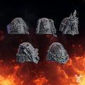 Pactum Aeternum Crusader shoulder bits by DakkaDakka, showing five gothic sci-fi resin shoulder pads with chains, crosses, locks, and ornate armor details.