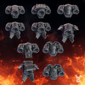 Pactum Aeternum Jetpack bits by DakkaDakka, showing ten gothic sci-fi resin jetpacks with thrusters, vents, relic details, armor plating, and conversion parts.