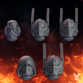 Pactum Aeternum Knight head bits by DakkaDakka, showing five gothic sci-fi miniature head styles with helmets, hood, skull details, and veteran face option.